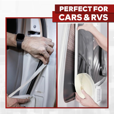 Person applying White Butyl Sealing Tape One Eighth Inch By Three Quarter Inch By Thirty Foot Plumbers Putty Tape on car door edge.
