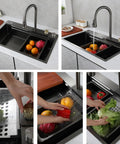 65x50 cm Kitchen Sink Multi-Function Faucet with Retractable Sprayers Includes Basket Strainer Siphon and Drainage Set for Efficient Water Flow demonstrating fruit washing.