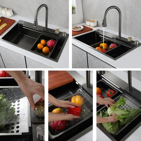 65x50 cm Kitchen Sink Multi-Function Faucet with Retractable Sprayers Includes Basket Strainer Siphon and Drainage Set for Efficient Water Flow demonstrating fruit washing.