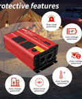 Heavy Duty 1200W Car Power Inverter 12V To 110V AC Converter showing protective features for safe usage while camping.
