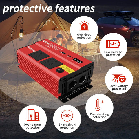 Heavy Duty 1200W Car Power Inverter 12V To 110V AC Converter showing protective features for safe usage while camping.