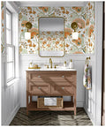 Bathroom with Dope Boho Floral Peel And Stick Wallpaper With Vintage Chomper Flower Design, white sink, and gold fixtures