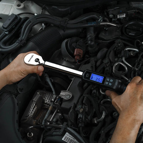 Half Inch Digital Torque Wrench With Rotating Display For Precise Fastening, 19.9 To 154.8 Lb Ft Range, Four Percent Accuracy, Beep Alerts When Target Reached, Easy Unit Conversions Between Lb Ft Nm Kg, Half Inch Drive, Made In Taiwan used in car engine bay