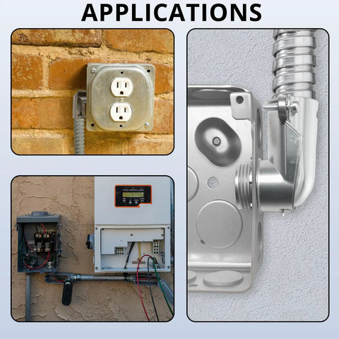 Image showing 2 Pack 3/4 Inch Flexible Metal Conduit Elbow 90 Degree Squeeze Connector used in various electrical applications.