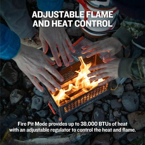 Hands warming over Deluxe Portable Propane Fire Pit With Removable Grill Insert For Safe Outdoor Cooking at Campsites