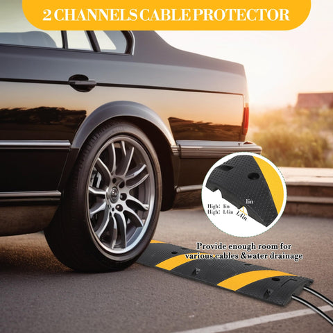 Two Pack Recycled Rubber Speed Bump Set With 25,000 Pound Capacity Durable Cable Protector Ramp in use under car tire