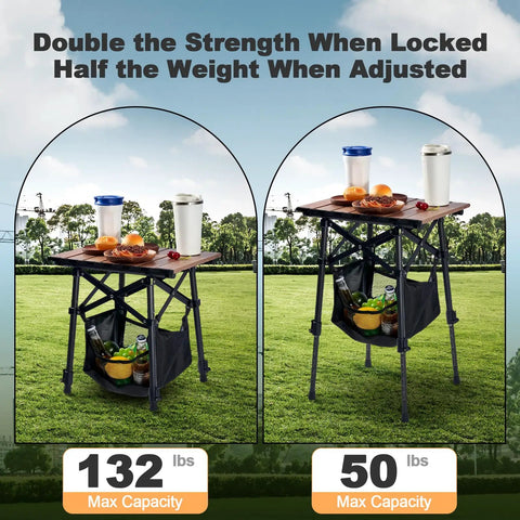 Portable Camping Table With Adjustable Height From 15.8 To 22 Inches Folding Outdoor Table With Storage Bag showing capacity.