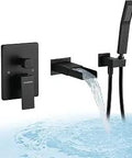 Matte Black Wall Mount Tub Filler With Waterfall Faucet, Sprayer And Hand Shower, Brass Wall Mounted Tub Faucet With Diverter Valve