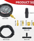 Front view of WUODAO fuel pump pressure and vacuum gauge kit with black dial gauge, brass adapters, and 60 cm hose