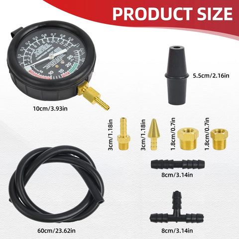 Front view of WUODAO fuel pump pressure and vacuum gauge kit with black dial gauge, brass adapters, and 60 cm hose