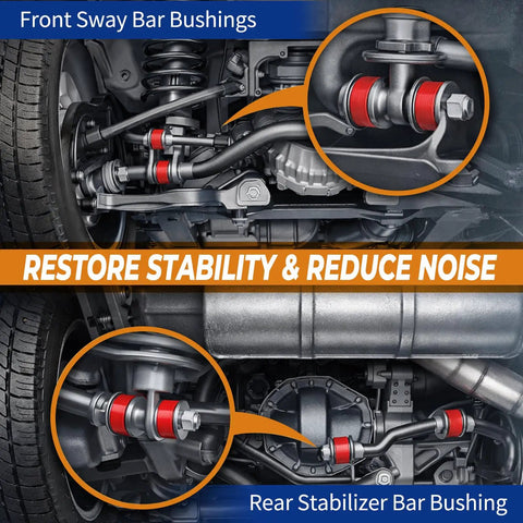 Three Eighths Inch Universal Sway Bar Bushing Repair Kit With Stainless Steel Washers And Nuts For Front Stabilizer Bar Bushings installed on front and rear suspension