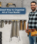 Two Pack Wall Mounted Boot Rack For Tall Boots And Cowboy Boots, Industrial Metal Shoe Organizer In a Garage Setting