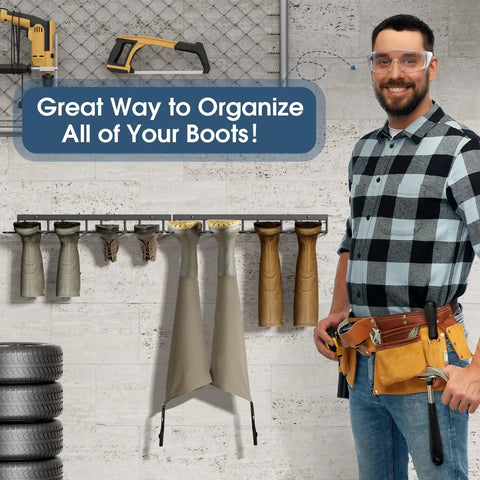 Two Pack Wall Mounted Boot Rack For Tall Boots And Cowboy Boots, Industrial Metal Shoe Organizer In a Garage Setting