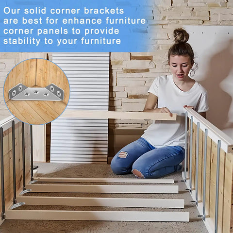 Person assembling furniture with 50 Pcs Universal Stainless Steel Furniture Corner Connectors With Screws, shown on wood surface.