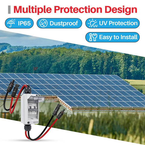 Solar Panel Disconnect Switch 30A 1000V DC PV Breaker With Cable IP65 Outdoor Rated with solar panels in background