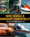 Wide range of vehicles including lawnmower, motorcycle, jet ski, car, and boat showcasing versatility for multi-vehicle use.
