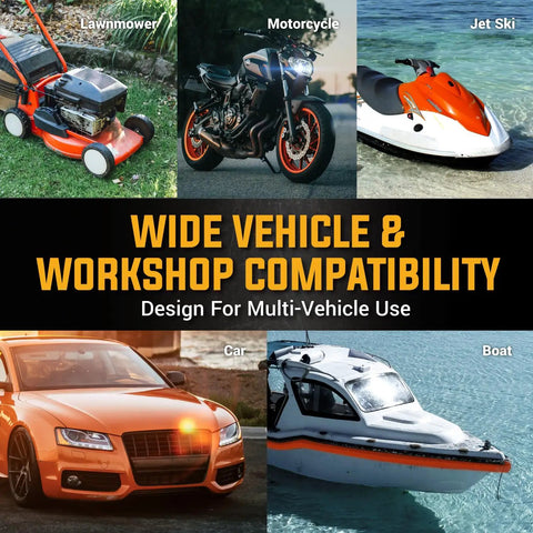 Wide range of vehicles including lawnmower, motorcycle, jet ski, car, and boat showcasing versatility for multi-vehicle use.
