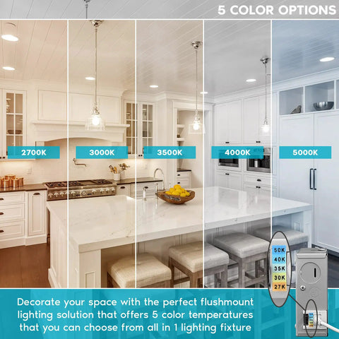 Kitchen with Six Inch Ultra Thin LED Recessed Light showing 5 color temperatures, Energy Star rated.