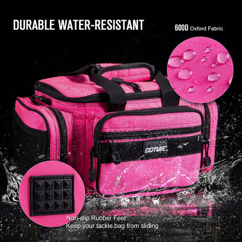 Pink 600D water-resistant fishing tackle bag with crossbody sling, non-slip rubber feet, sturdy zippers and buckles, fits 3 3600 boxes