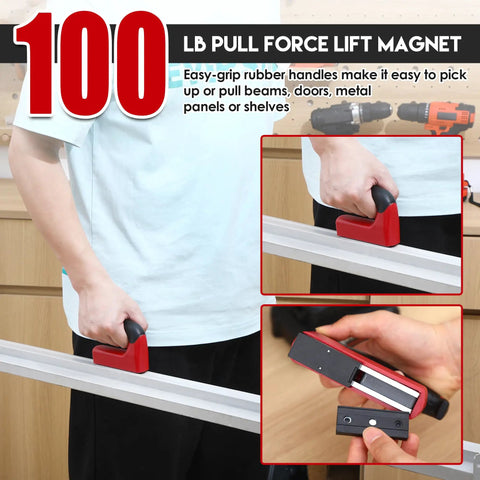 Two Pack 100 Lb Magnetic Grabber Pickup Tool With Ergonomic Rubber Handle Heavy Duty Magnet For Lifting Metal Objects Like Iron Plates And Doors Red With Dual Shield Ideal For Quick Salvage And Workshop Use
