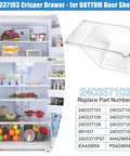 Two Pack Upgraded 240337103 Crisper Drawer Replacement For Refrigerator Freshness No Fuss Easy Fit Heavy Duty ABS Food Grade Fits Kenmore Drawers AP2115741 240337102 Durable Construction, shown in a refrigerator setting and diagram.