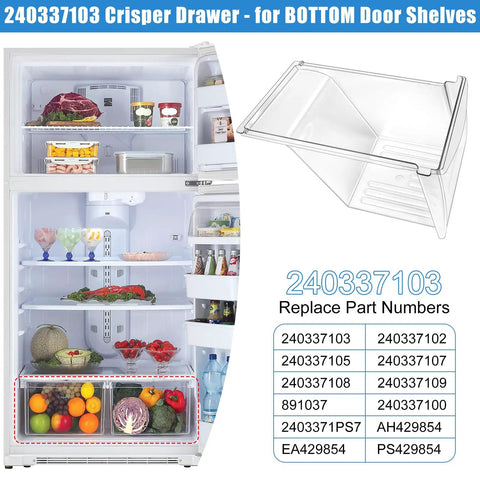 Two Pack Upgraded 240337103 Crisper Drawer Replacement For Refrigerator Freshness No Fuss Easy Fit Heavy Duty ABS Food Grade Fits Kenmore Drawers AP2115741 240337102 Durable Construction, shown in a refrigerator setting and diagram.