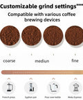 Portable Manual Coffee Grinder With Ceramic Burr, Adjustable Settings And Detachable Hand Crank For Travel, Camping, Office Or Home Use, Grind Fresh Espresso Or Pour Over On The Go, showing customizable grind settings from coarse to fine for various brewing devices.