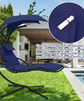 Set Of 4 Outdoor Hanging Lounge Chair Cushions Replacement Kit with cushion pad and shade cloth on curved chaise hammock by a pool.