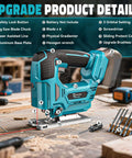 Front view of Cerycose cordless jigsaw, blue and black with laser guide, 6 blades displayed