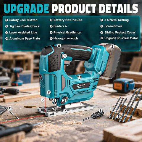 Front view of Cerycose cordless jigsaw, blue and black with laser guide, 6 blades displayed