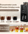Fully Automatic Programmable Coffee Maker With Built In Grinder And Timer, Hot And Cold Brew Machine For Smooth Iced Americano, 22 Oz Glass Carafe, Compact Black Grind And Brew Morning Fuel showing coffee strength options.