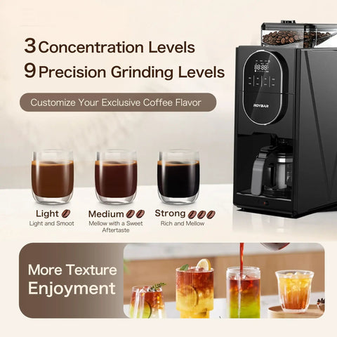 Fully Automatic Programmable Coffee Maker With Built In Grinder And Timer, Hot And Cold Brew Machine For Smooth Iced Americano, 22 Oz Glass Carafe, Compact Black Grind And Brew Morning Fuel showing coffee strength options.