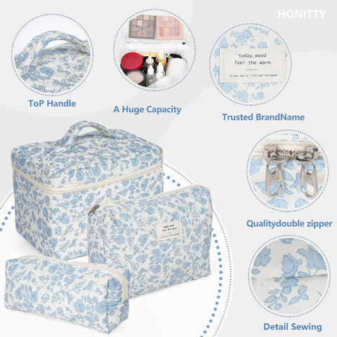 Floral Quilted Makeup Bag Set For Women Large Cotton Cosmetic Pouch Trio With Three Sizes Travel Toiletry Organizer Case Durable