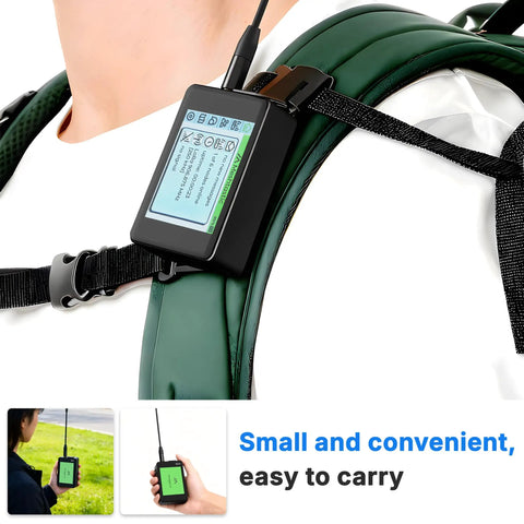 Person wearing ESP32 LoRa V4 All In One Development Board Kit with Touch Screen Buzzer Sensor on backpack for IoT wireless use