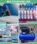 Collage showing uses of PU Pneumatic Tubing Hose 4mm ID by 6mm OD Red Polyurethane Air Hose, including paint spraying, pneumatic systems, robotics, and air compressors.