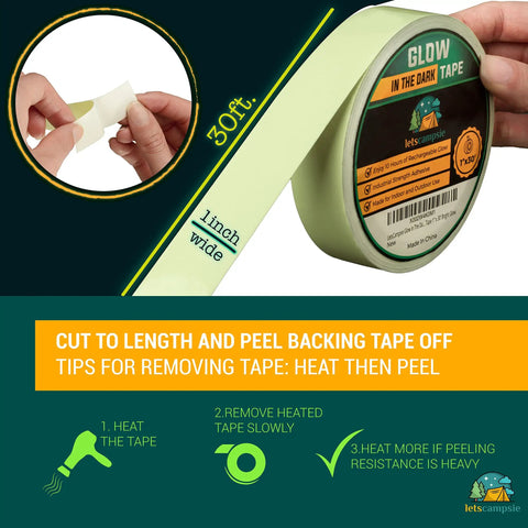 Glow In The Dark Tape With 30 Feet Of 1 Inch Width Premium Industrial Grade Indoor And Outdoor Luminous Tape For Night Time Visibility Easy To Spot Objects And Safer Steps with instructions for use.