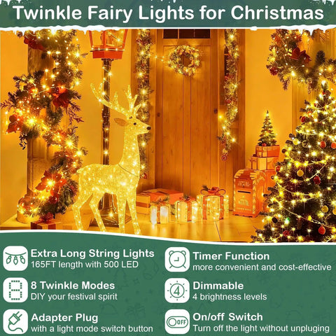 Lit 165Ft Ultra Long Copper Wire String Lights With 500 LEDs, warm white, decorating an indoor holiday setup with gifts.