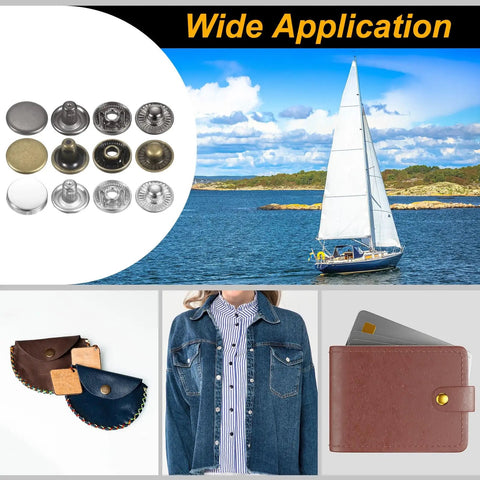 Kickass 24 Piece Leather Snap Fastener Kit 12Mm showing different snap finishes for bags, jackets, and DIY projects.