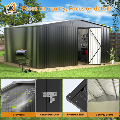 12 x 14 Ft Metal Outdoor Storage Shed Waterproof With Lockable Door All Weather Bike And Tools Shelter For Patio Lawn