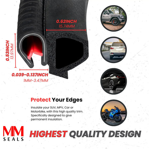 Push On Door Edge Weather Stripping Seal image showing cross-section and use on various vehicles, features 0.62 inch bulb height.