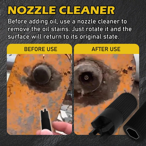 Image showing a comparison of a nozzle before and after cleaning using a nozzle cleaner tool, highlighting the removal of oil stains.
