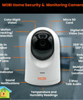 Home Monitoring Camera With Crystal Clear Full HD Video, Pan And Tilt, Color Night Vision, features labeled with icons.