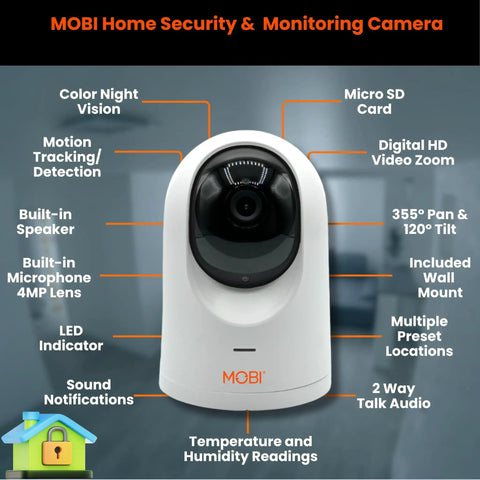 Home Monitoring Camera With Crystal Clear Full HD Video, Pan And Tilt, Color Night Vision, features labeled with icons.