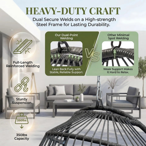 Heavy-duty outdoor egg chair without stand with cushion, showing durable dual-point welding and 350 lbs capacity, on patio.