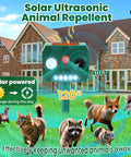 Outdoor Ultrasonic Animal Repellent 2 Pack With PIR Motion Sensor And LED Flash, Waterproof Wildlife Deterrents For Gardens, Yards And Farms, Keeps Critters Like Cats Squirrels Raccoons Birds Dogs And Deer Away. Solar-powered outdoor repellent with 40 ft range, 120° coverage.