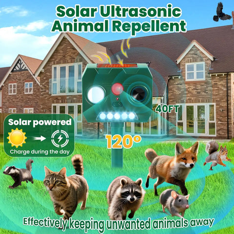 Outdoor Ultrasonic Animal Repellent 2 Pack With PIR Motion Sensor And LED Flash, Waterproof Wildlife Deterrents For Gardens, Yards And Farms, Keeps Critters Like Cats Squirrels Raccoons Birds Dogs And Deer Away. Solar-powered outdoor repellent with 40 ft range, 120° coverage.