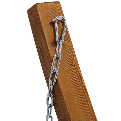 Close-up of a wooden post and chain of the Curved Wood Hammock Stand For Outdoor Use Fits Most 9 To 12 Foot Hammocks 13 Foot Overall Length