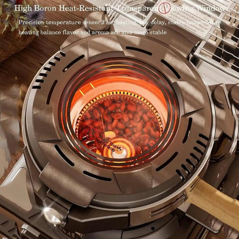 No Fuss Coffee Bean Roaster 700 Watt Home Machine showing high boron transparent viewing window with roasting coffee beans.
