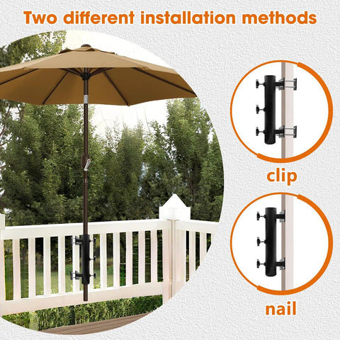 Built Tough Heavy Duty Adjustable Metal Patio Umbrella Holder Clamp Stand for Deck Railing with clip and nail options