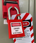 Keyed Differently Lockout Tagout Locks Red One And One Half Inch Industrial Padlocks for Lockout Tagout Kits Station on panel